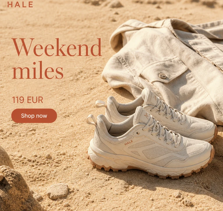 HALE apavu reklāma smilšu toņos ar virsrakstu Weekend miles