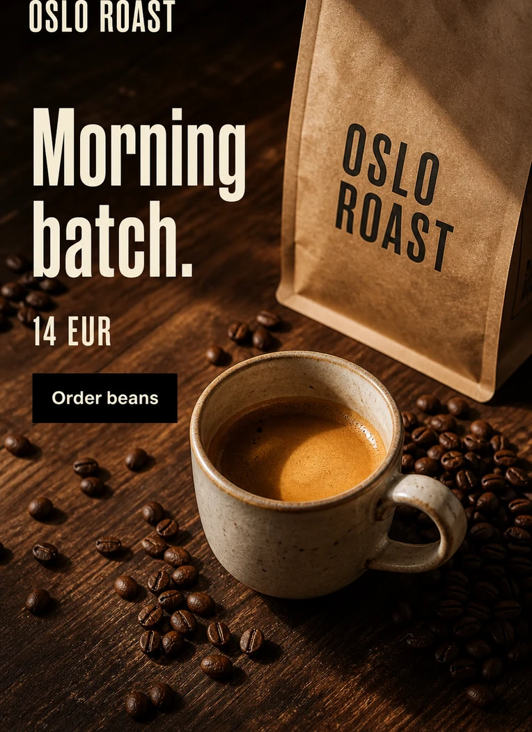 OSLO ROAST kafijas pupiņu reklāma silti brūnos toņos