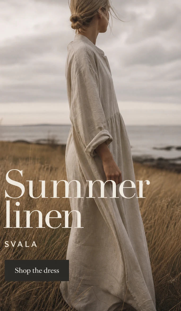 SVALA lina kleitas stāsta reklāma piejūras zālē