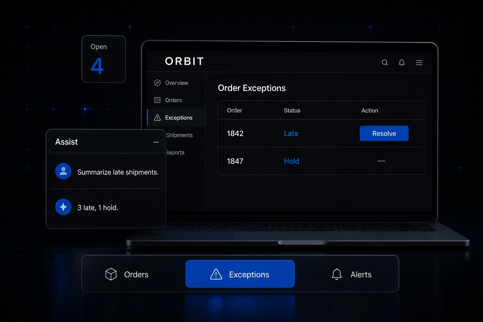 AI operāciju panelis ORBIT pasūtījumu izņēmumiem