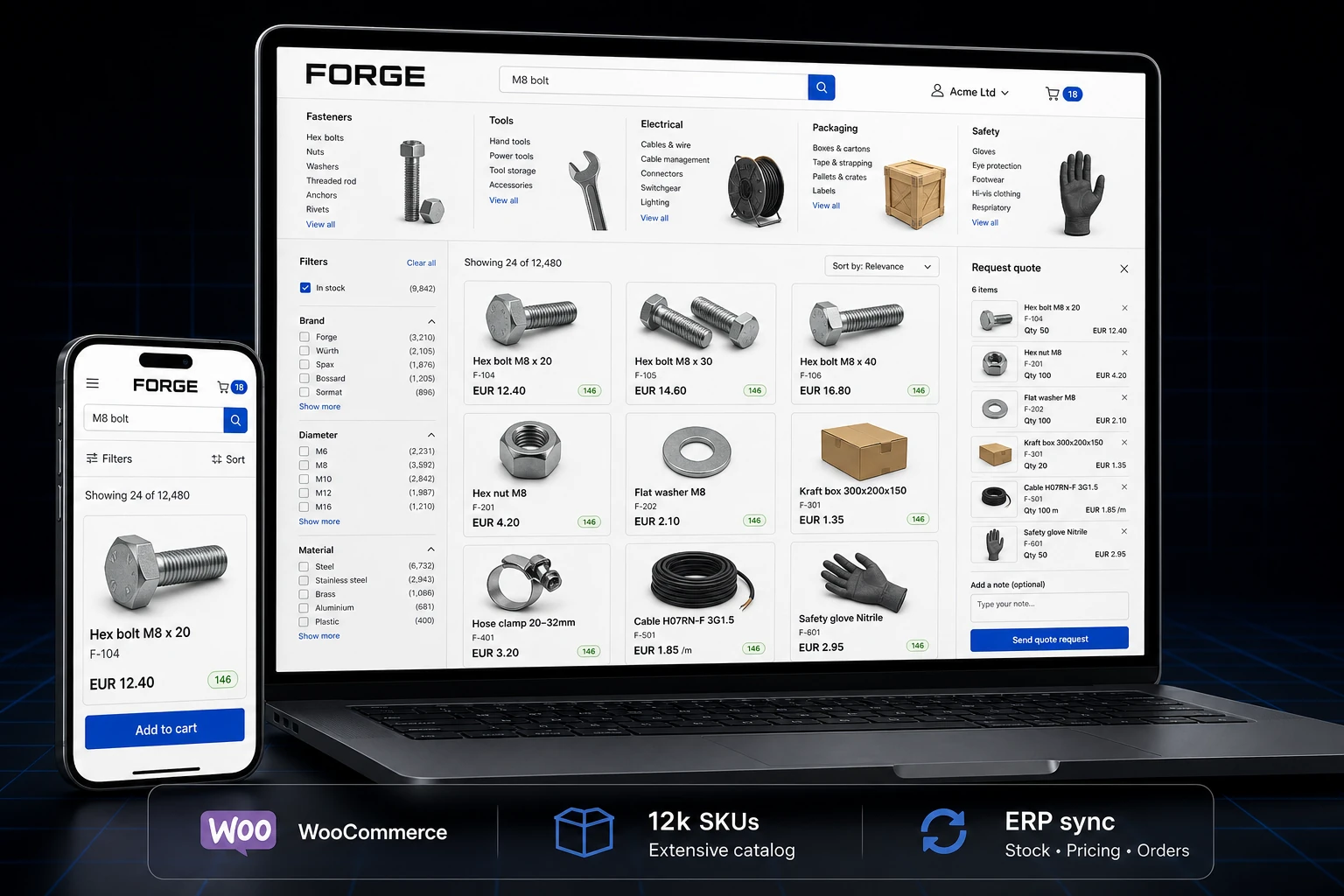 Liela FORGE WooCommerce kataloga makets ar filtriem, 12 480 precēm un B2B piedāvājumu