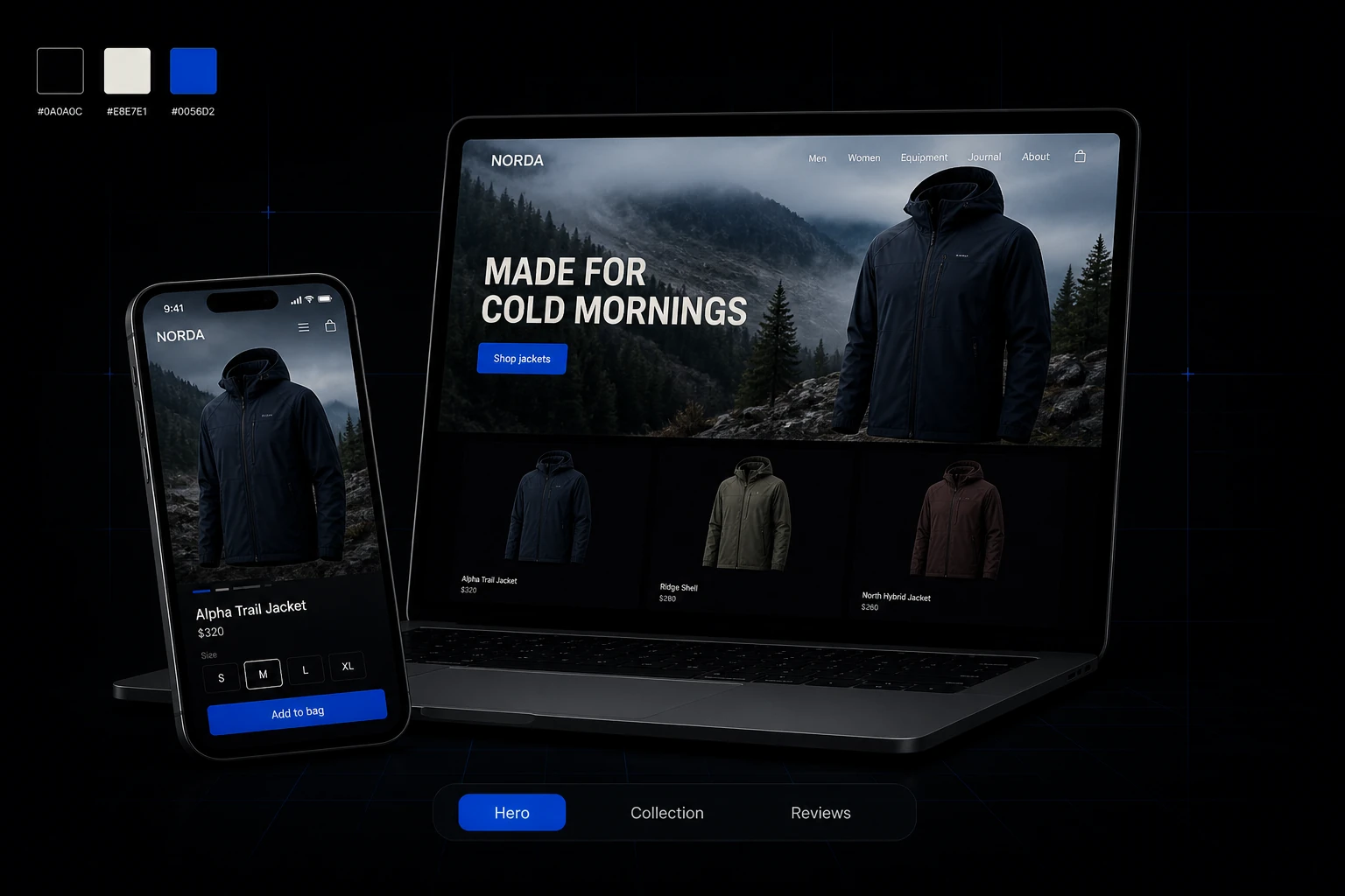 Pielāgota Shopify tēma: NORDA veikals datorā un telefonā