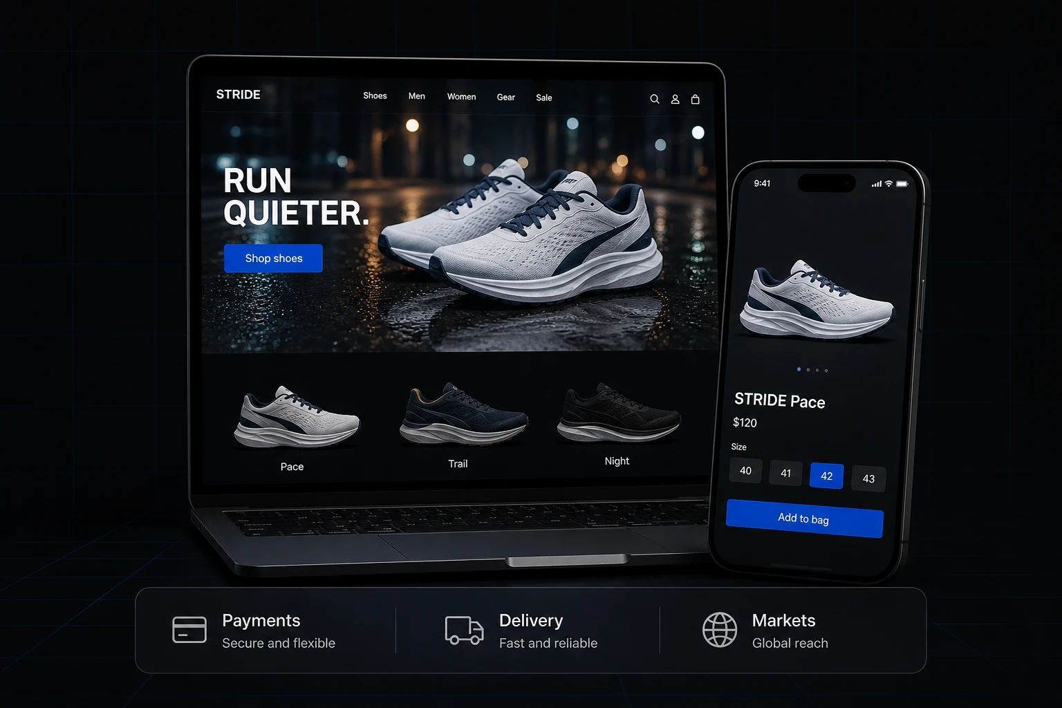 STRIDE veikals ar skriešanas apaviem, virsrakstu RUN QUIETER un pirkuma pogu
