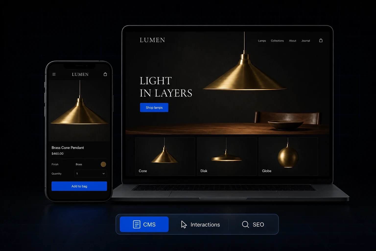 Webflow apgaismojuma zīmola LUMEN vietne ar misiņa lampu