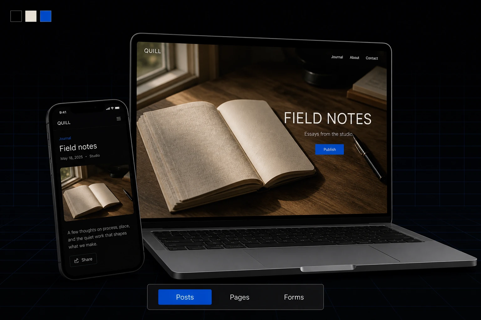 WordPress žurnāla vietnes QUILL izstrāde ar FIELD NOTES un Publish pogu