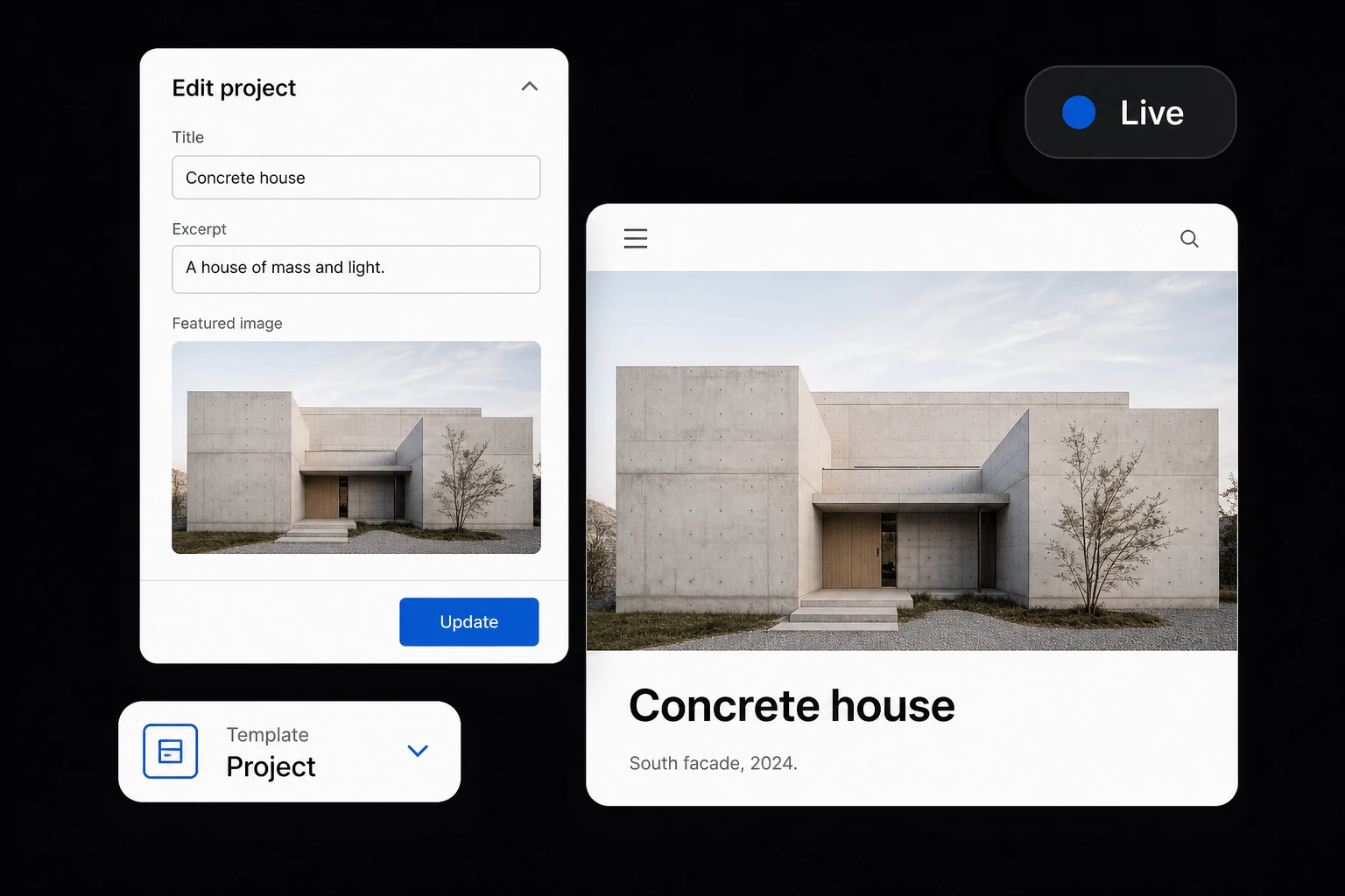 WordPress redaktors ar Concrete house un dzīvo lapu