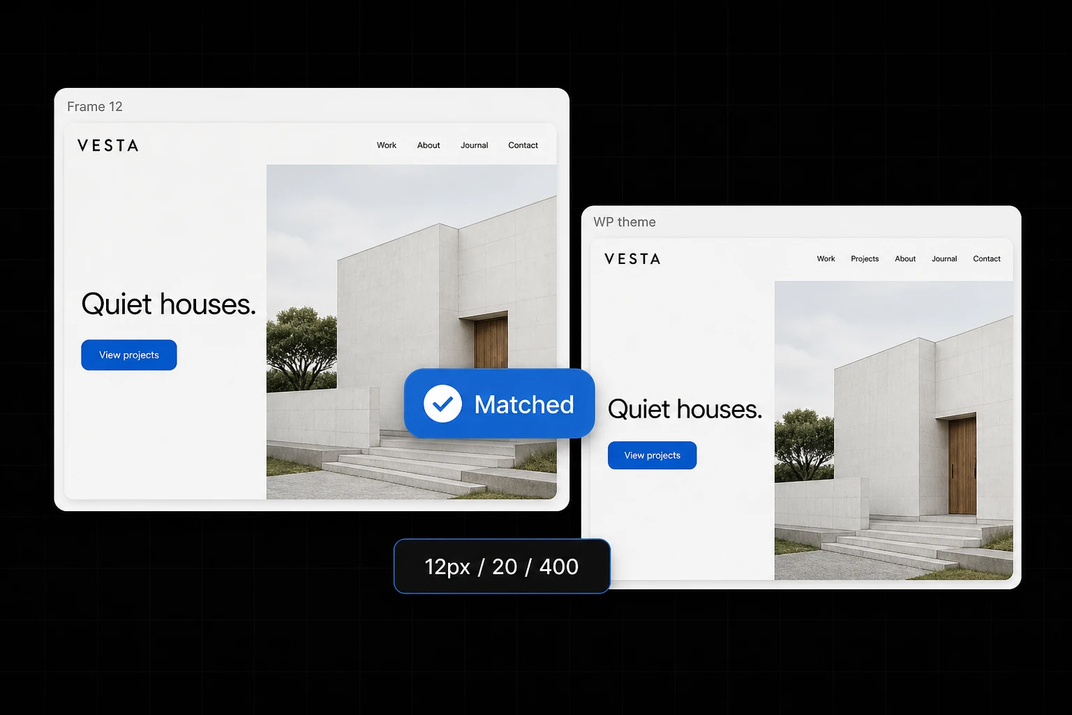 VESTA Figma rāmis pret WordPress tēmu, statuss Matched