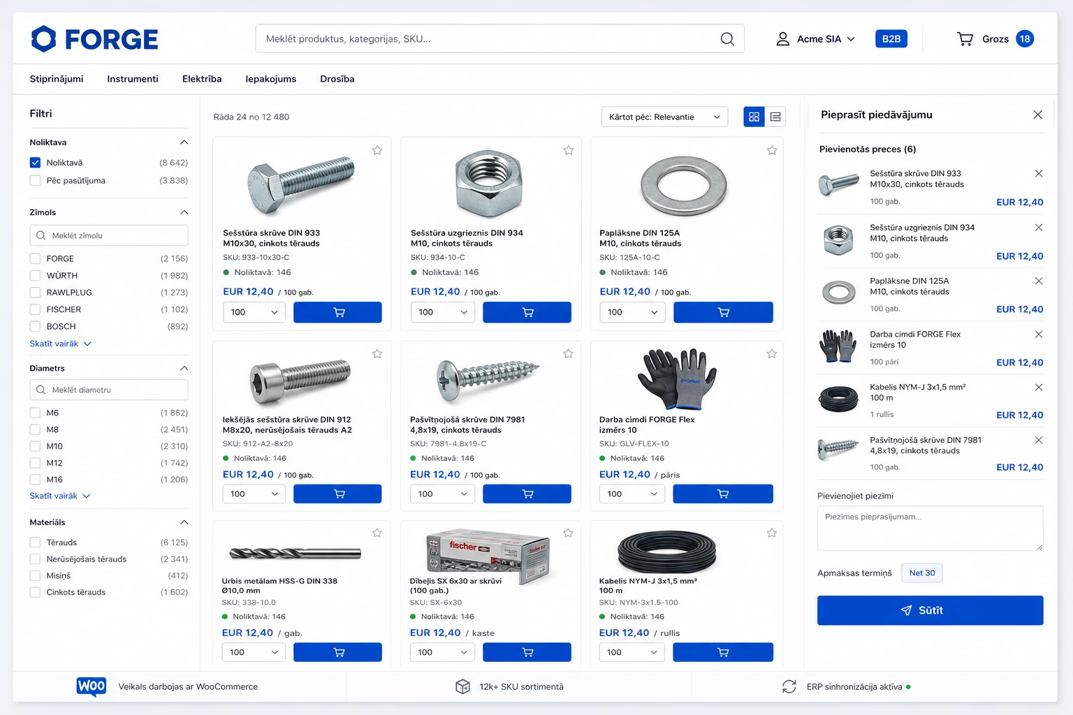 FORGE WooCommerce B2B katalogs ar 12 480 precēm, filtriem un piedāvājuma pieprasījumu