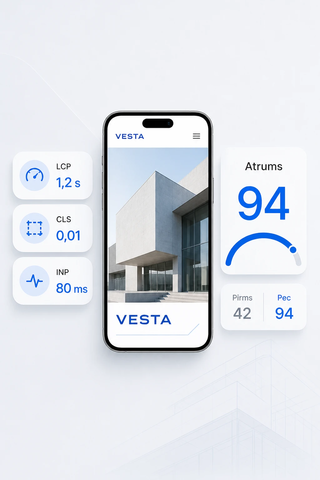 VESTA lapas ātrums: LCP 1,2 s un rezultāts 94 pēc optimizācijas