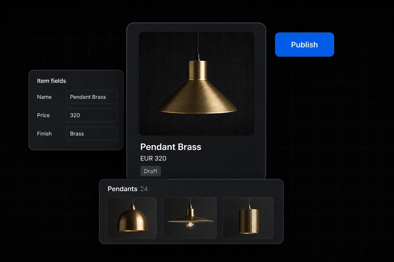 CMS karte Pendant Brass, 320 eiro un Publish poga