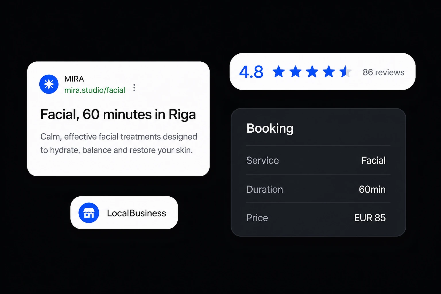 mira.studio/facial rezultāts, 4,8 zvaigznes un booking shēma