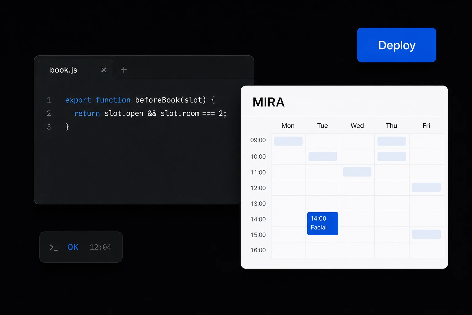 Eksporta funkcija, MIRA kalendārs un Deploy poga