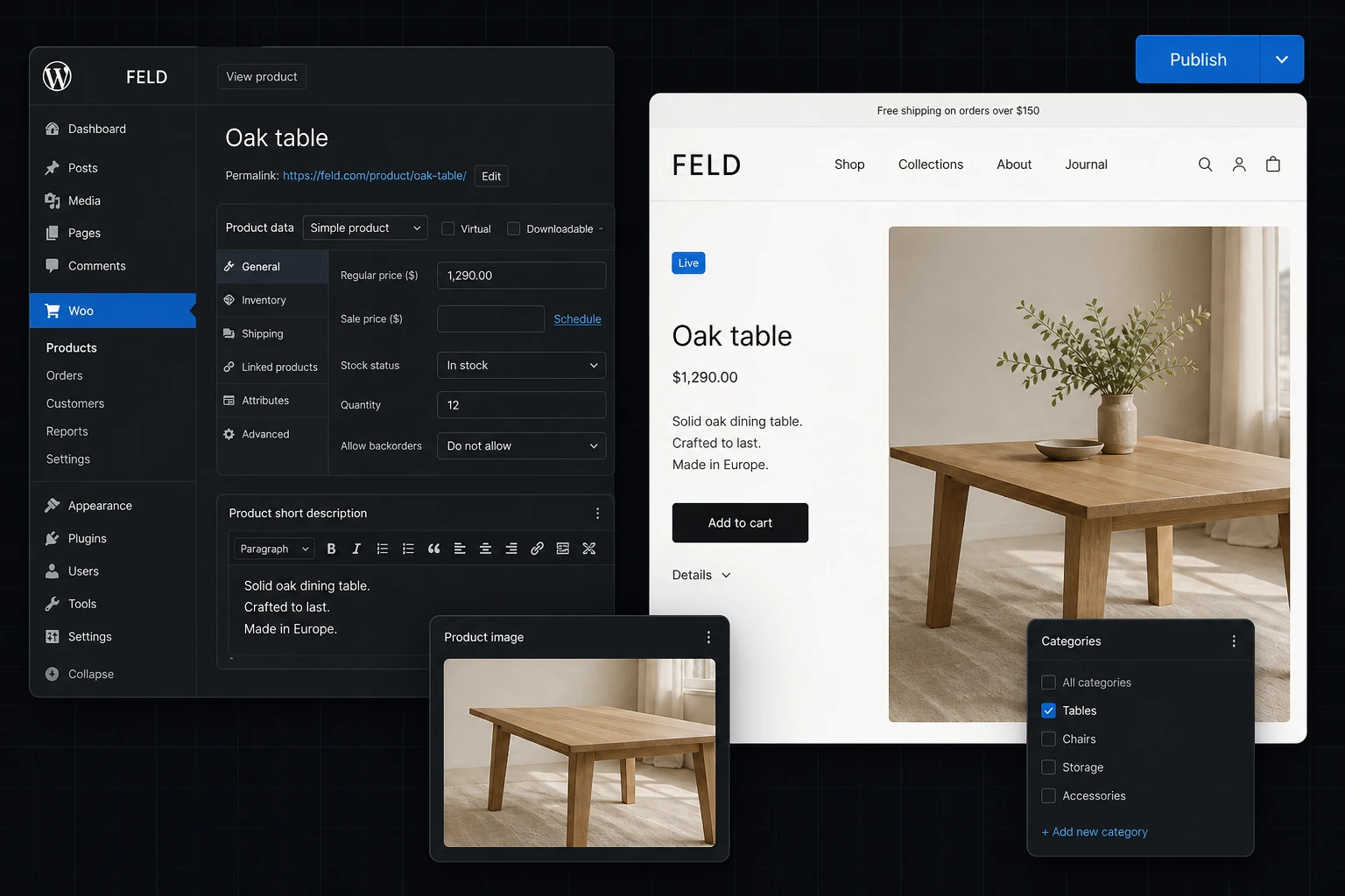 WooCommerce iestatīšana un FELD ozolkoka galds