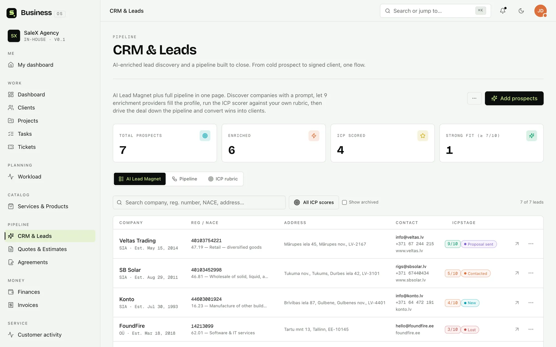 SaleX OS CRM un potenciālo klientu tabula ar atbilstības vērtējumu un pārdošanas posmu
