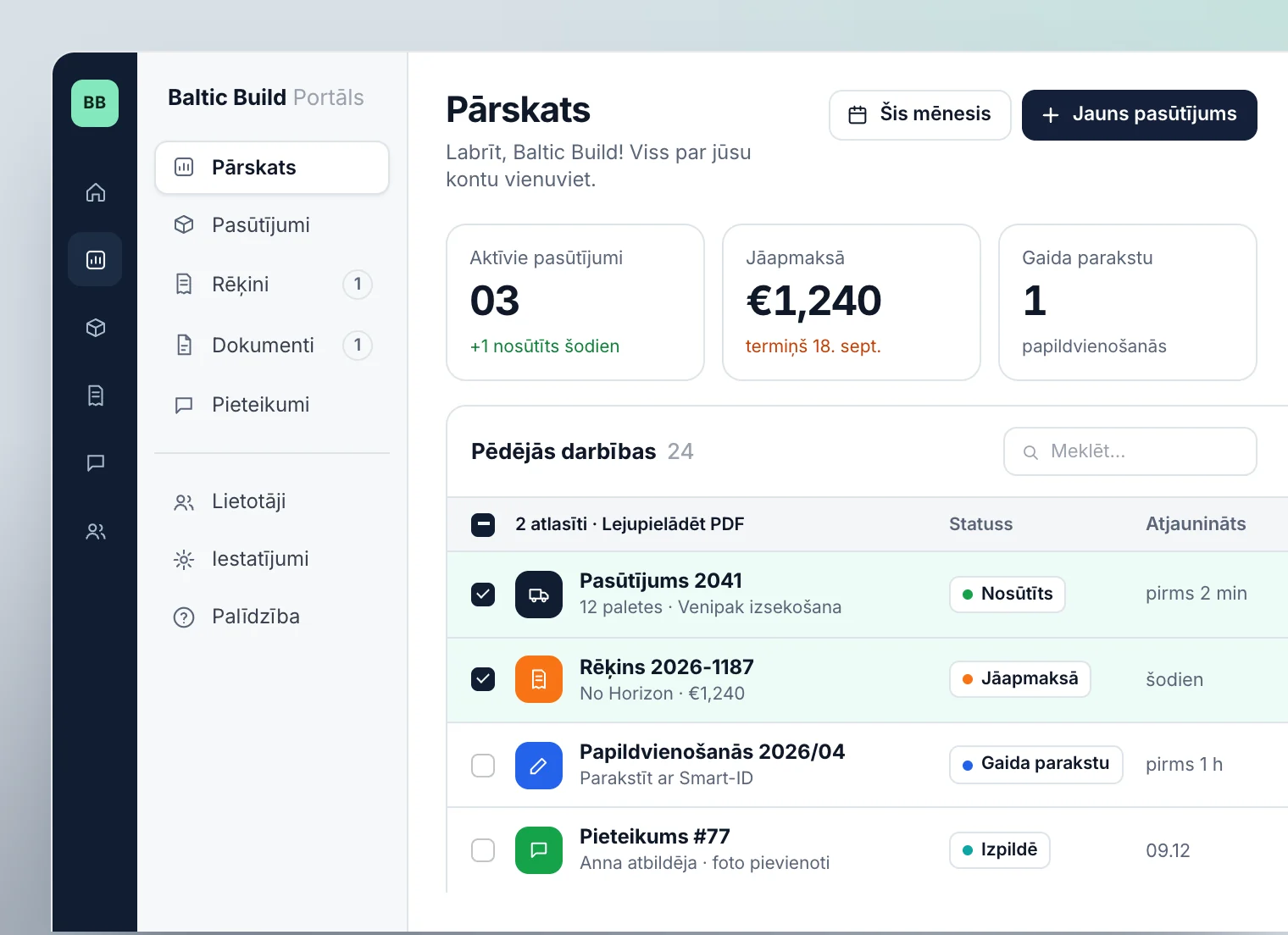 Klientu portāla pārskats: trīs aktīvi pasūtījumi, rēķins €1,240 apmaksai, papildvienošanās parakstīšanai ar Smart-ID un pēdējās darbības ar statusiem