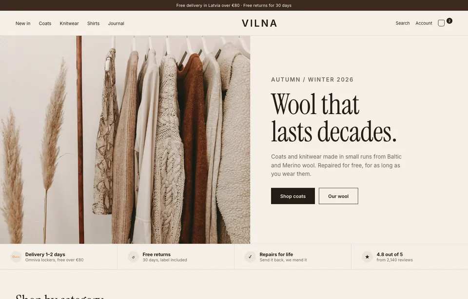 Vilna demonstrācijas Shopify e-veikala sākumlapa vilnas apģērbu zīmolam
