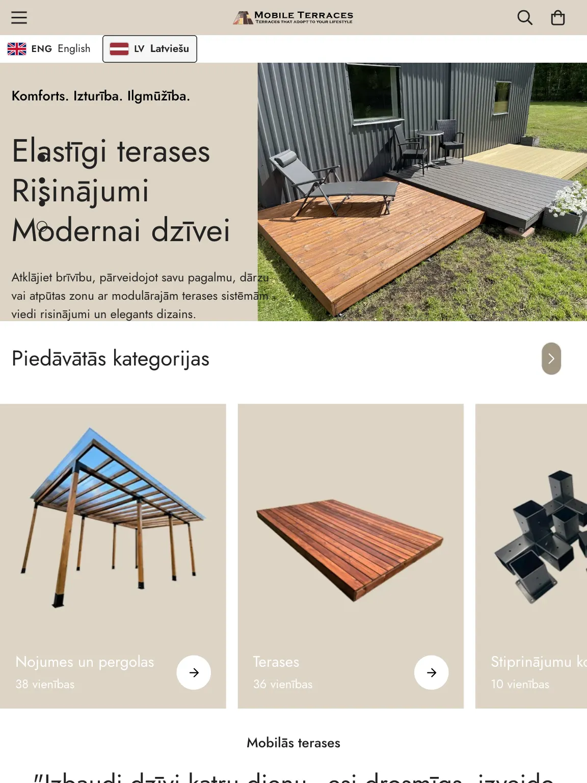 MobileTerraces.com sākumlapa planšetē