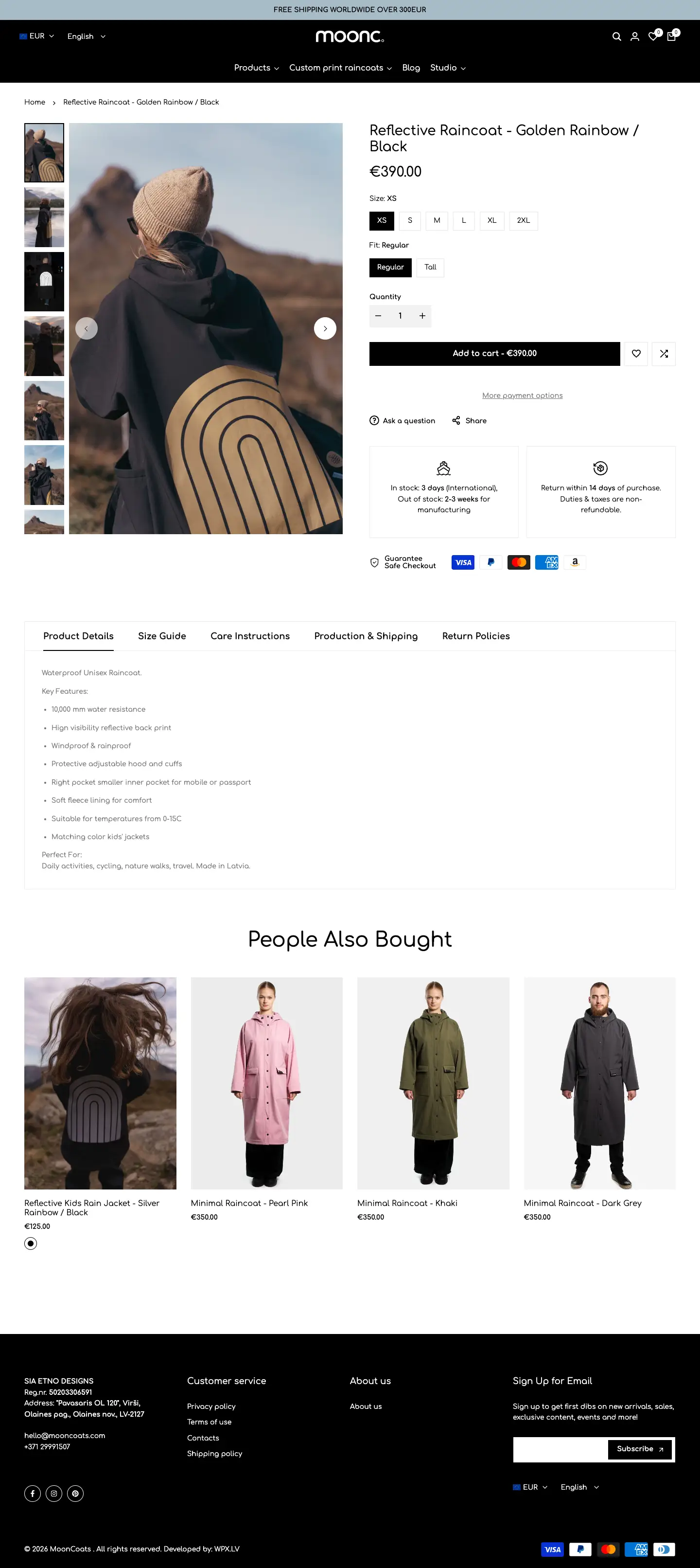 Mooncoats.com: produkta lapa datorā