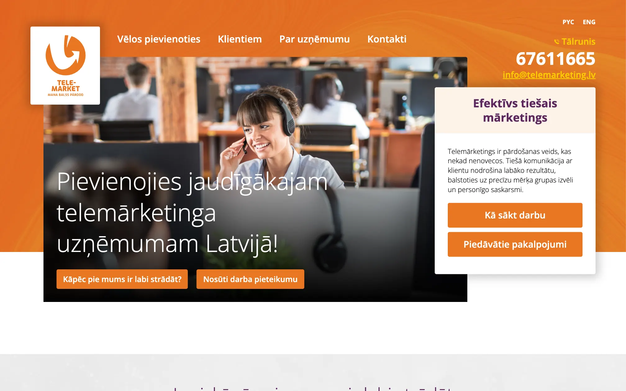 Telemarketing.lv sākumlapa datorā