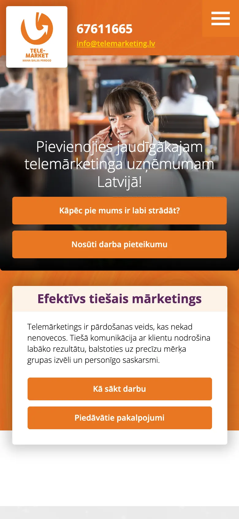 Telemarketing.lv sākumlapa telefonā