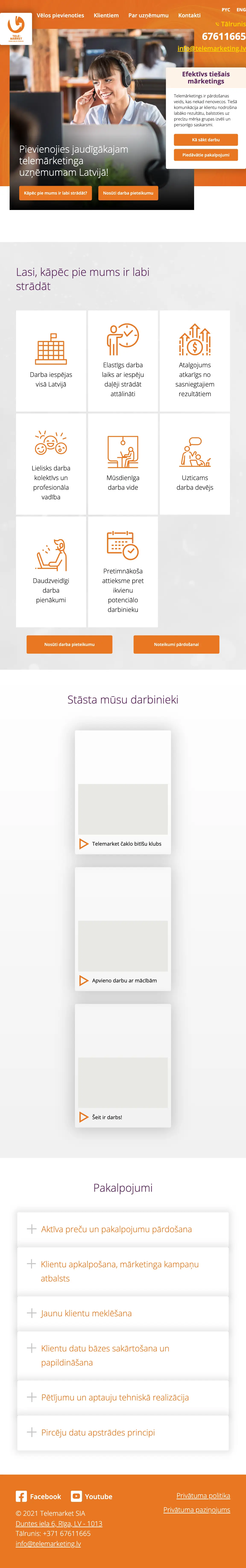 Telemarketing.lv: sākumlapa planšetē