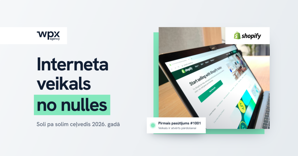 Interneta veikals no nulles. Portatīvais dators ar apģērbu veikalu, sūtījuma kaste un Shopify logotips.